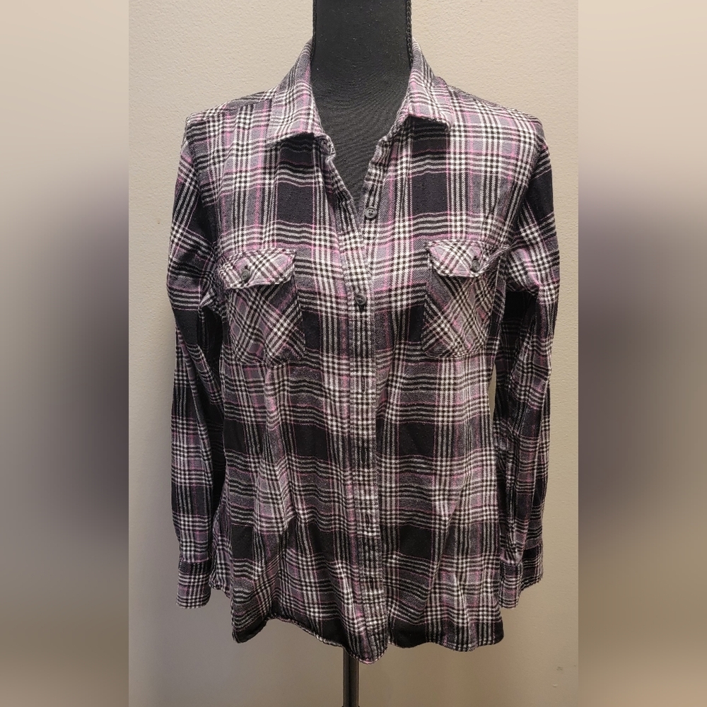 Eddie Bauer Black and Pink Plaid Shirt